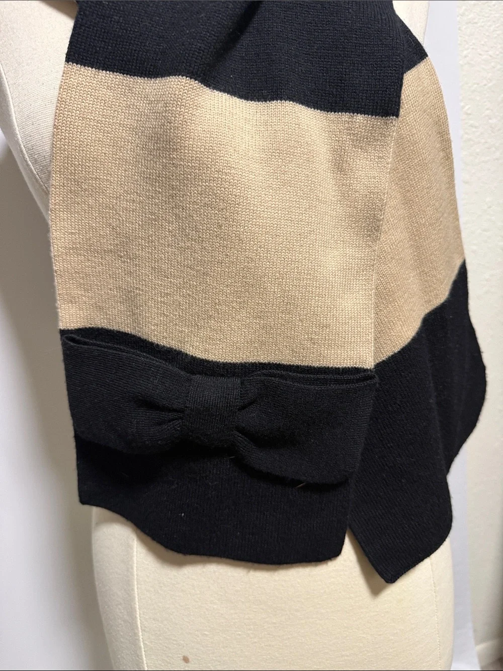 Kate Spade‎ New York 100% Wool Striped Bow Scarf Tan Black Designer Winter Wrap